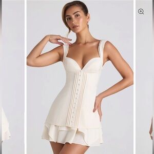 OH POLLY Cassandra Ruffle-Trim Button-Detail Corset Mini Dress in Ivory